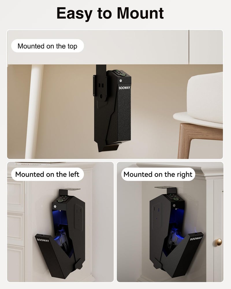 SOOWAY Gun Safe, Mounted Biometric Pistol Safe Drop Down Gun Lock Box for Handgun with 3 Ways Quick Access Bedside Pistol Case for Nightstand, Desk, Wall, Dresser - Image 4